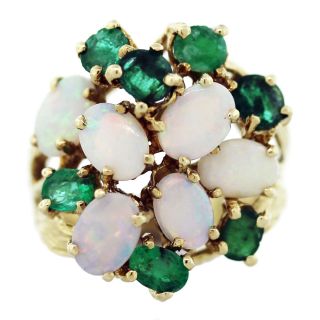 14k Yellow Gold Opal and Emerald Cluster Ring