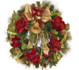 28 Red and Gold Magnolia Christmas Wreath by Valerie —
