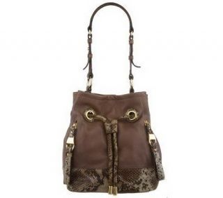 Makowsky Leather and Snake Embossed Drawstring Bag w/ZipperPockets 