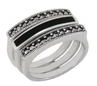 Suspicion Sterling Marcasite & Onyx Three Stackable Ring Set