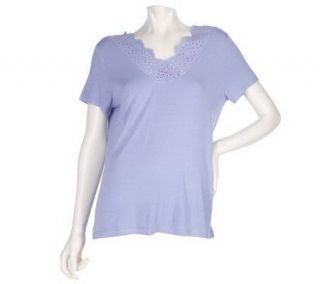 Motto CrossoverV neck Short Sleeve Knit Top with Eyelet Trim   A201021