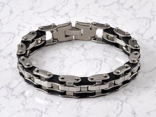  Stainless Steel Bracelet Bangle Chain Black Rubber Wristband Gift 8.5