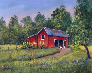 Red Chicken House Chickens Landscape Daily Painting