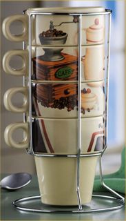 Coffee Mug Set Stacking Mugs Holder Bistro Latte Kitchen 4 PC Set