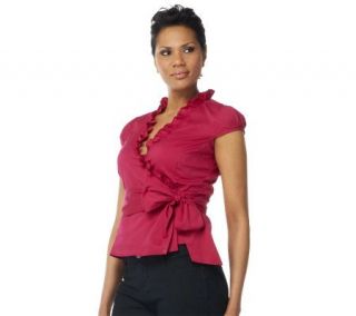 Cap Sleeve Wrap Top with Side Tie and Ruffle Collar — 