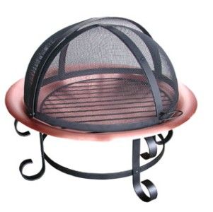  28472 Short Scroll Copper Fire Pit Bowl w Cooking Grate Poker