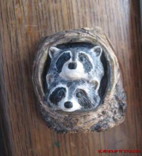 Carved Bakelite Wood Ox Bone Pair of Raccoons in Hollow Tree Button or