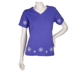 Denim & Co. Short Sleeve V Neck Tee with Contrast Eyelet Embroidery 