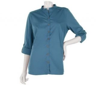 Denim & Co. Roll Sleeve Button Front Woven Shirt —
