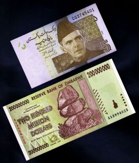 200 Million Zimbabwe Dollars 5 Pakistan Rupees Bank Note 2008 UNC