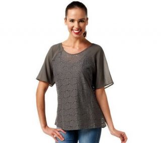 LOGO by Lori Goldstein Short Sleeve Lace Top with Tank —