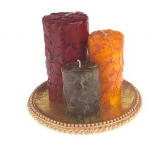 Set of 3 Embossed Leaves Pillar Candles with Tray by Bill Blass