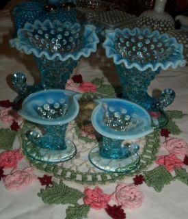 Fenton Blue Opalescent Hobnail Cornucopia Candle Holders 2 Pair Large