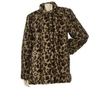 Dennis Basso Leopard Print Faux Fur Mock Neck Swing Coat —