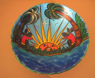 Colorful Hand Painted Mexican Bowl Sun Men Palm Trees