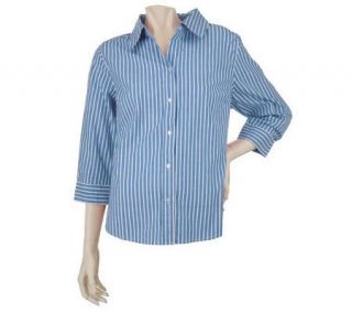 Denim & Co. 3/4 Sleeve Striped Woven Shirt with Check Trim —