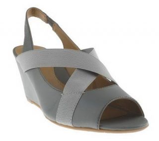 Tignanello Leather & ElasticPeep Toe Cross Strap Wedge Sandals 