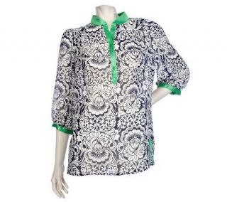 Susan Graver Printed 3/4 Sleeve Blouse with Contrast Trim   A88046