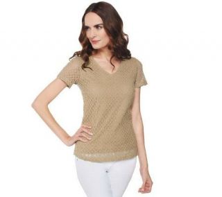 Liz Claiborne New York Short Sleeve V neck Crochet T Shirt —