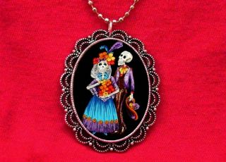 Sugar Skull Couple Day of The Dead Tattoo Necklace