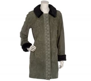 Dennis Basso Embroidered Suede Coat w/ Faux Persian Trim —