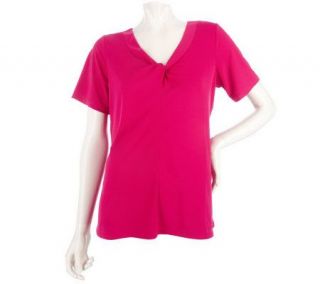 Susan Graver Liquid Knit Short Sleeve Top with Knotted V neck