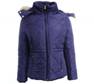 Excelled Ladies Quilted Jacket With Faux FurTrimmed Hood —