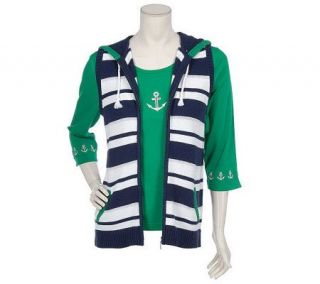 Quacker Factory Anchors Away 3/4 Sleeve Knit Top and Striped Vest 