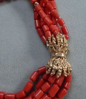Vintage 6 Multi Strand Red Coral Necklace w 14kt Clasp Beads