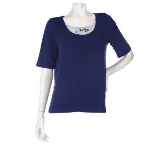 Susan Graver Liquid Knit Elbow Sleeve Top with Sequin Inset — 