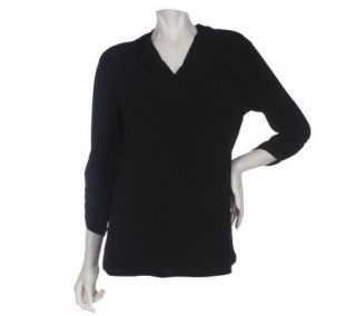 Susan Graver Liquid Knit 3/4 Sleeve V neck Top with Ruching — 