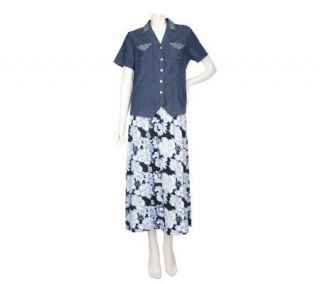 Denim & Co. Short Sleeve Embroidered Denim Shirt & Print Skirt