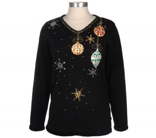 Quacker Factory Sparkle Embroidered and Embellished Holiday Sweater 
