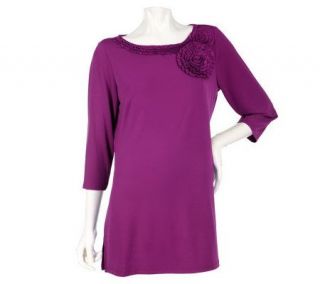 Susan Graver Liquid Knit Tunic Top with Origami Flower Trim   A202946