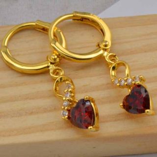 Beautiful 9K Gold Filled CZ & Ruby Heart Dangle Earrings,M157