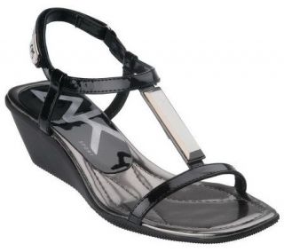 AK Anne Klein T Strap Gem Detail Wedge Heel Sandals —