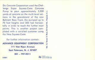 Advance Equipment Corp Squeez Crete Concrete Pump Advertising Postcard