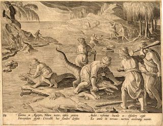 Antique Hunting Print Crocodiles Egypt Stradanus 1636