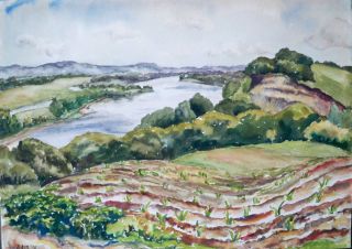 Alice Schille Watercolor Landscape River Crops Farming