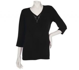 Susan Graver Liquid Knit 3/4 Sleeve V neck Top with Stone Accents 