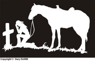 Pair of Cowgirl Praying at Cross Decal Sticker Horse 020