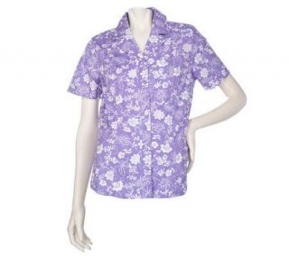 Denim & Co. Short Sleeve Stretch Poplin Bandana Floral Print Campshirt 
