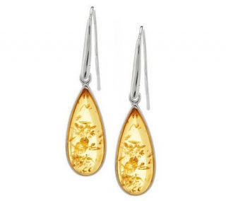 Elongated Baltic Amber Teardrop Sterling Dangle Earrings —