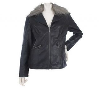 Susan Graver Faux Leather Motorcycle Jacket with Faux Fur Collar
