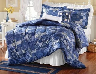 Country Blue Patchwork Floral Color Block Comforter Sham Set Full