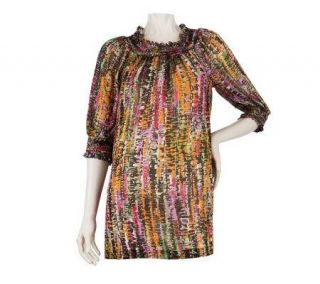 George Simonton Printed Top with Smocked Neckline and Cuffs — 