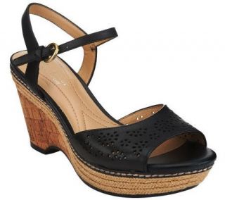Naturalizer Leather Cut out Detail Wedge Sandals w/ Ankle Strap