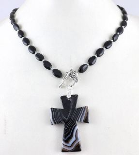 Cross White veins black Botswana Agate pendant Onyx handmade jewelry