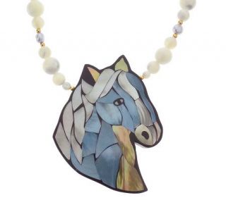 Lee Sands Blue Horse Inlay Pendant w/20 Beaded Necklace —