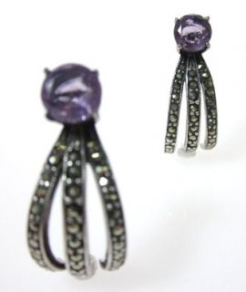 Designer Silver Marcasite Purple Crystal Drop Earrings